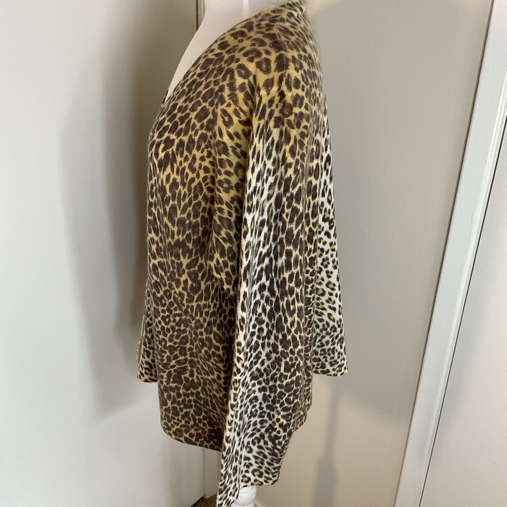 Precious Fibers 100% Cashmere Leopard Print Cardigan Sweater 1X Brown Tan Luxe - Picture 5 of 7